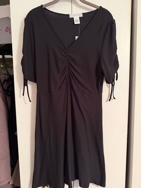 Planet Gold Black V-Neck Ruched Mini Dress with Tie Sleeves